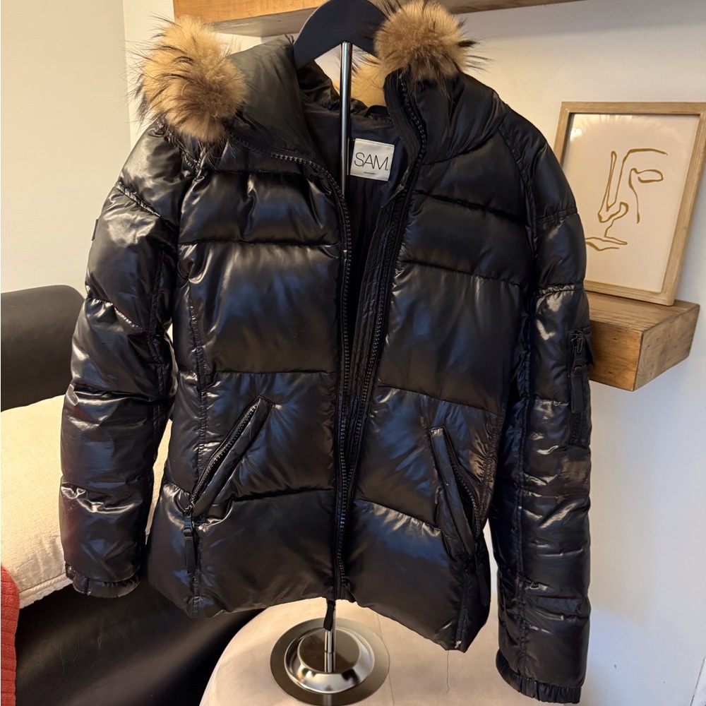 SAM. Kids Black Puffer Jacket with Faux Fur Trim